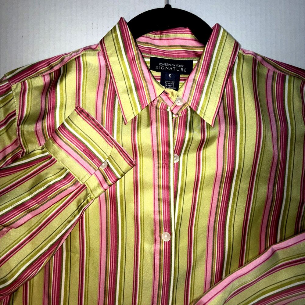 VTG Jones New York Signature 100% Silk Woven Striped Collared Button-Up Blouse S